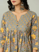 Thumbnail for Yufta Grey Floral Print ALine Kurta Trouser Dupatta Set