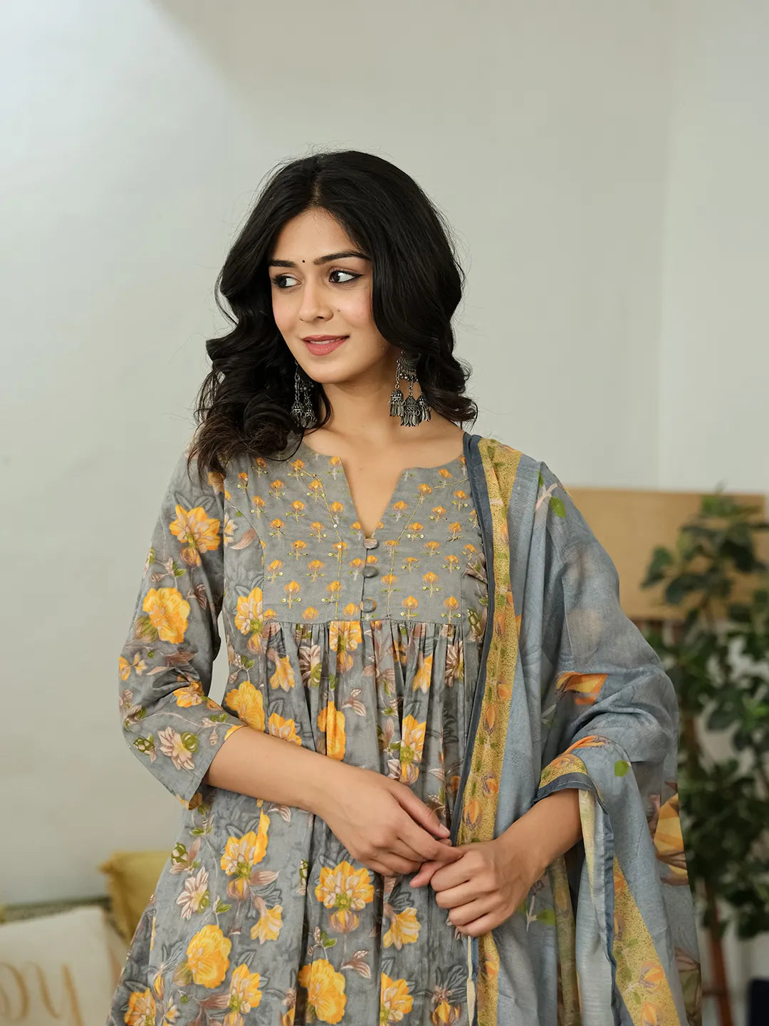 Yufta Grey Floral Print ALine Kurta Trouser Dupatta Set