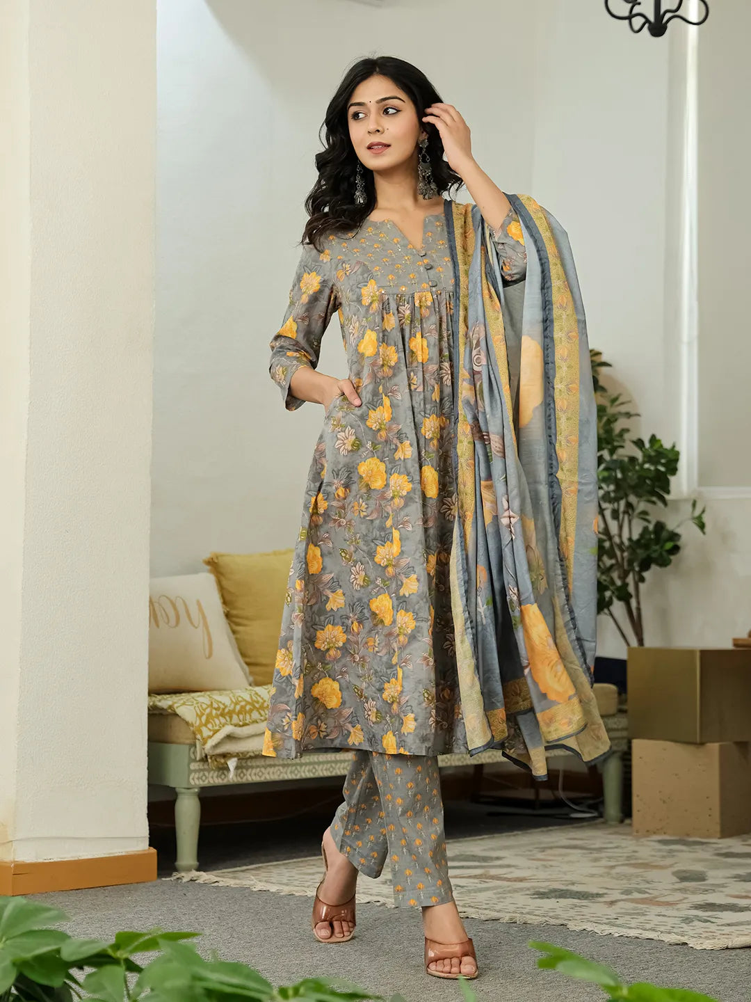 Yufta Grey Floral Print ALine Kurta Trouser Dupatta Set
