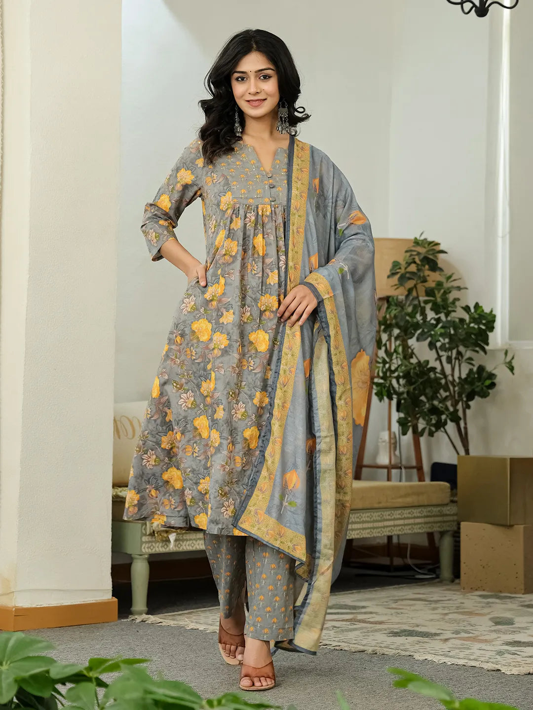 Yufta Grey Floral Print ALine Kurta Trouser Dupatta Set