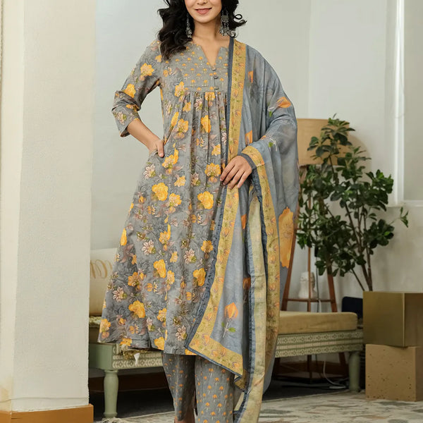 Yufta Grey Floral Print ALine Kurta Trouser Dupatta Set - Distacart