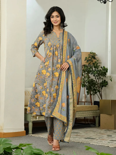 Yufta Grey Floral Print ALine Kurta Trouser Dupatta Set