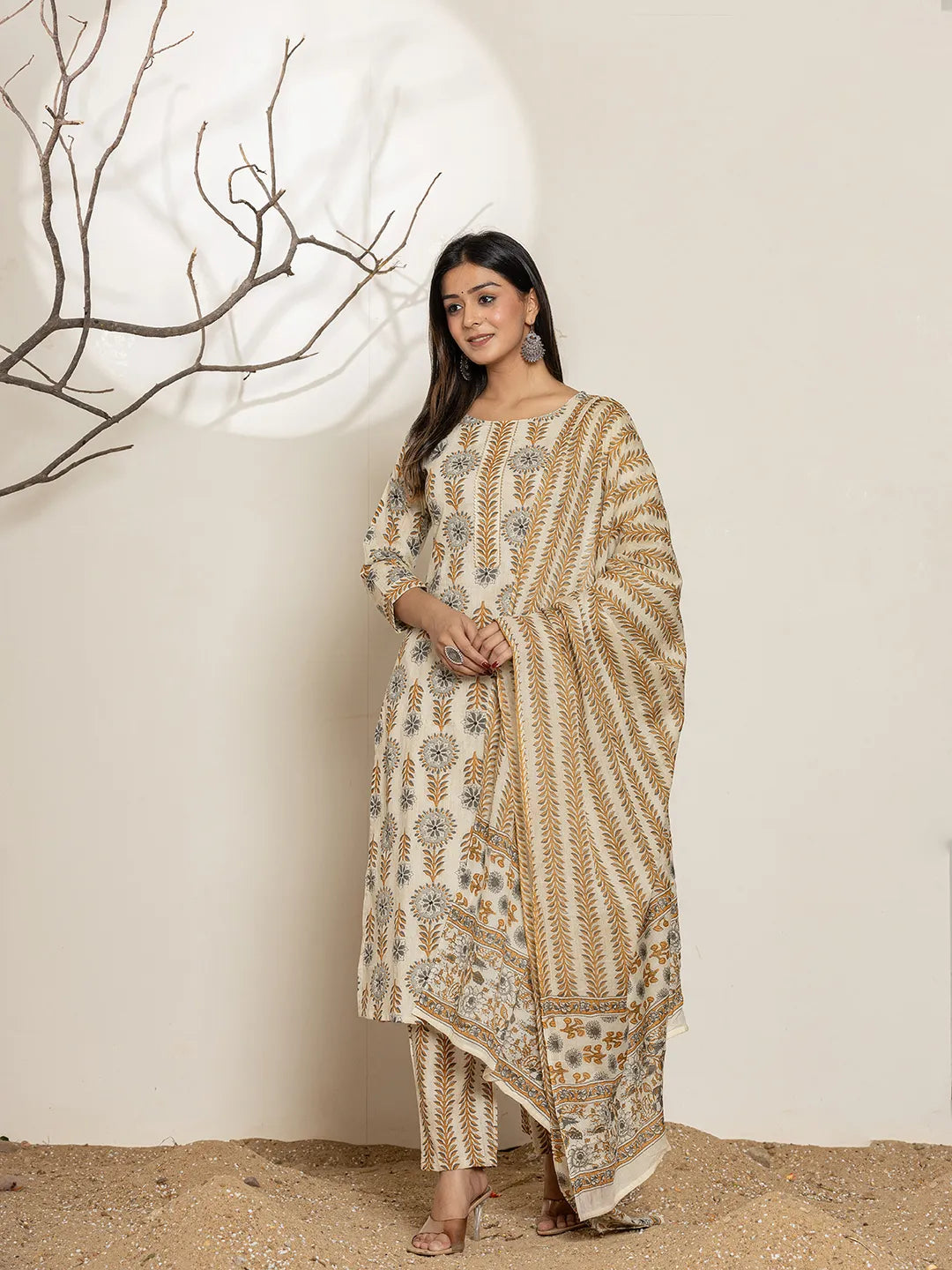 Yufta Grey Floral Print Cotton Straight Kurta Dupatta Set - Distacart