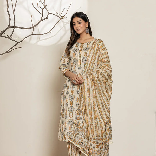 Yufta Grey Floral Print Cotton Straight Kurta Dupatta Set - Distacart