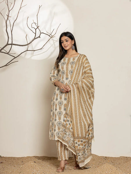 Yufta Grey Floral Print Cotton Straight Kurta Dupatta Set