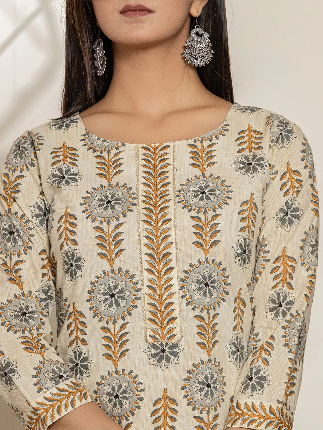 Yufta Grey Floral Print Cotton Straight Kurta Dupatta Set