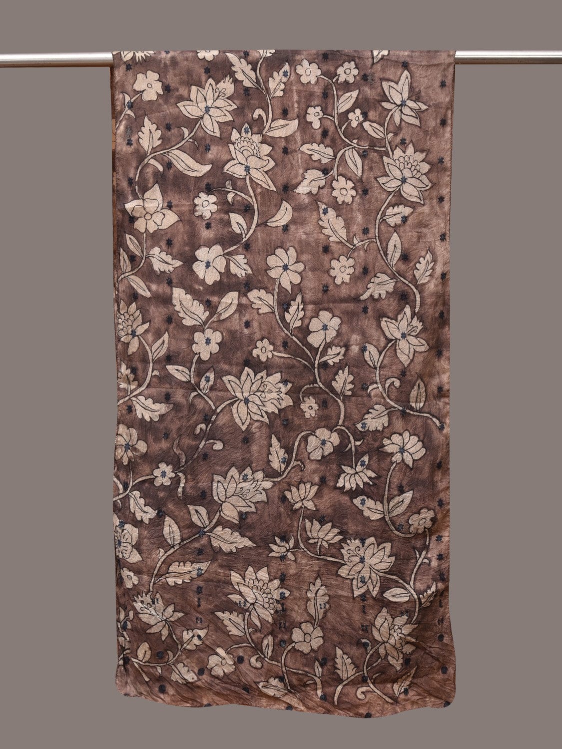 Grey Kalamkari Hand Painted Cotton Silk Stole with Floral Design - Global Threads - Distacart