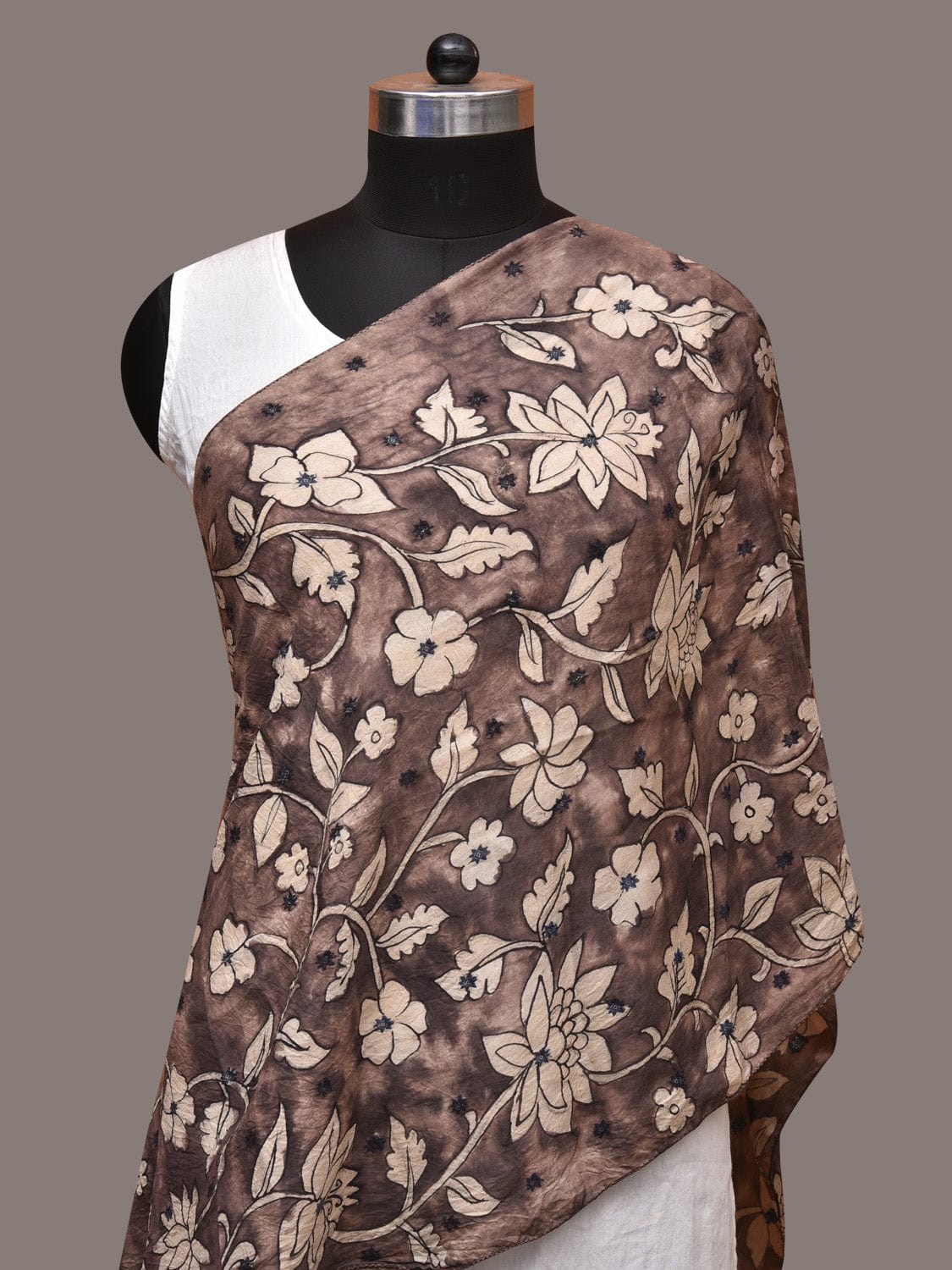 Grey Kalamkari Hand Painted Cotton Silk Stole with Floral Design - Global Threads - Distacart