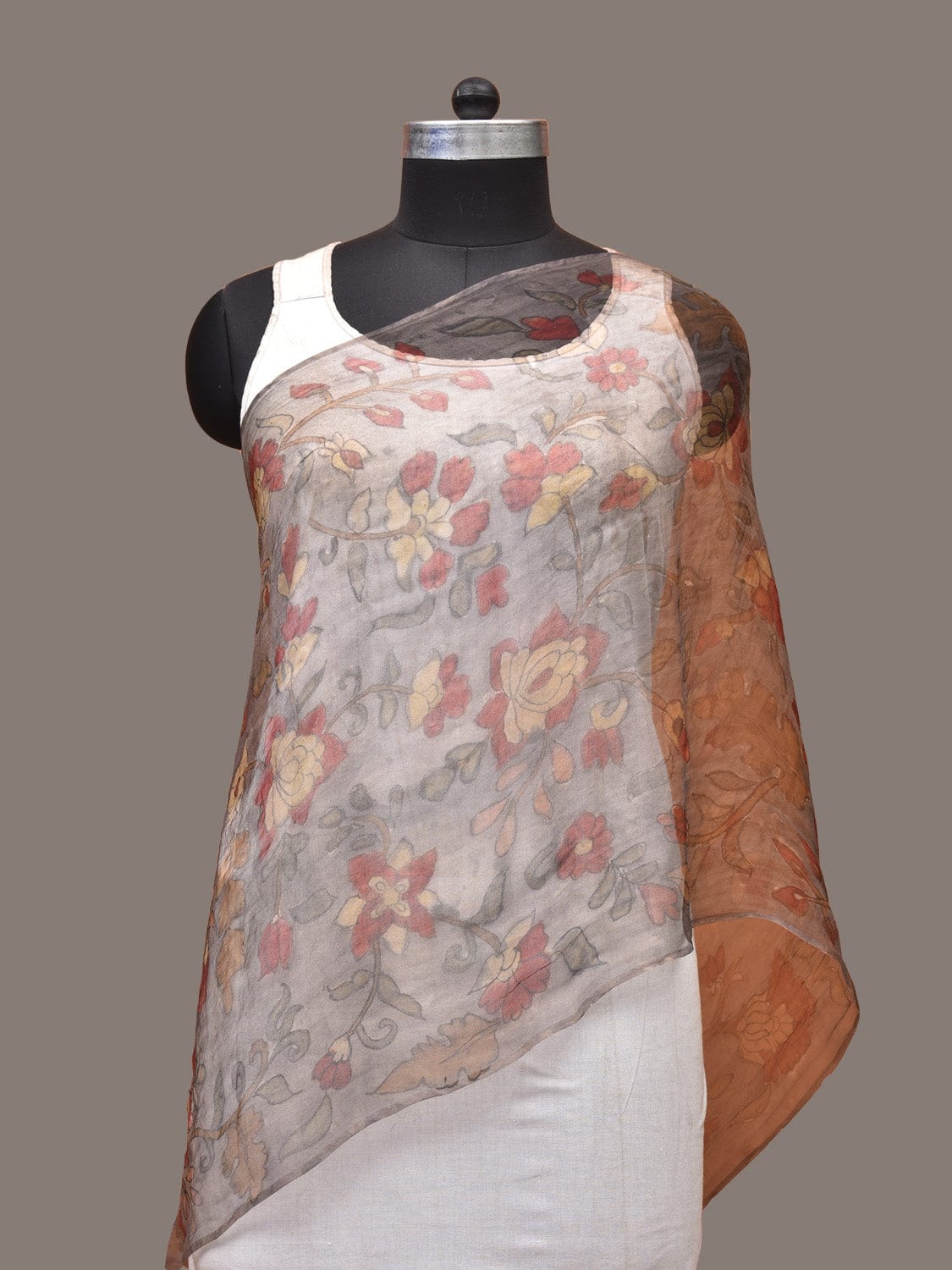 Grey Kalamkari Hand Painted Organza Stole with Floral Design - Global Threads - Distacart