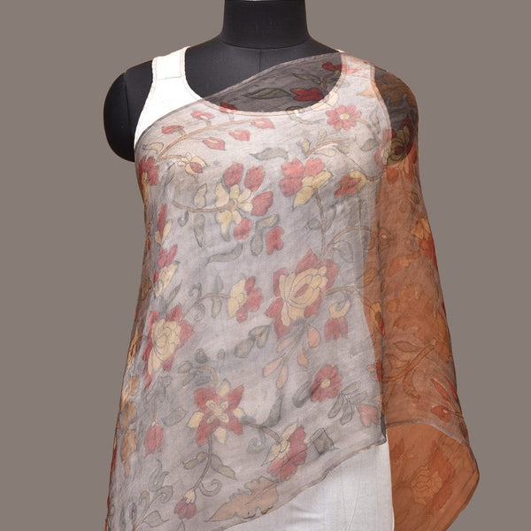 Grey Kalamkari Hand Painted Organza Stole with Floral Design - Global Threads - Distacart