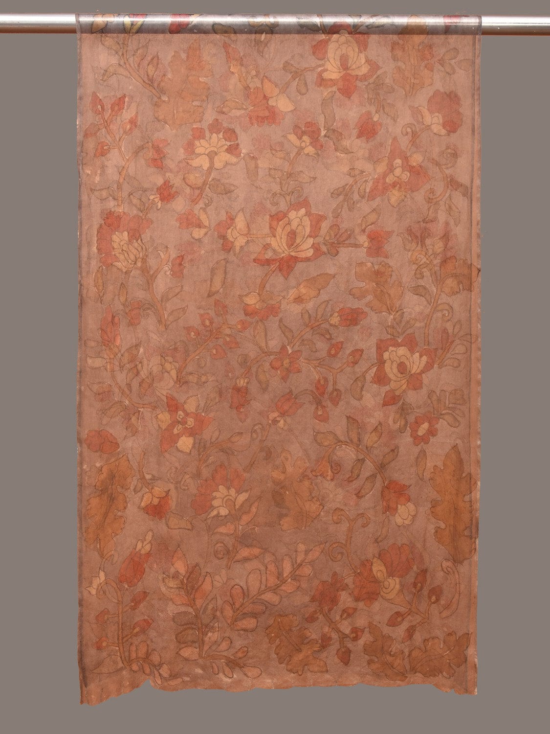 Grey Kalamkari Hand Painted Organza Stole with Floral Design - Global Threads - Distacart