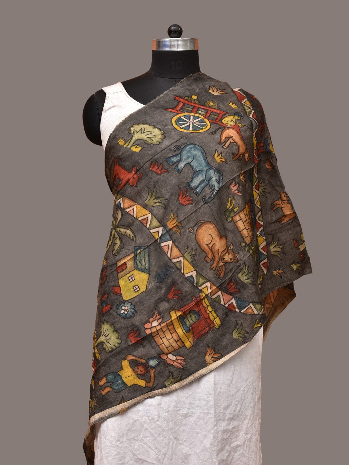 Grey Kalamkari Hand Painted Sico Stole with Village and Animals Theme Design - Global Threads - Distacart