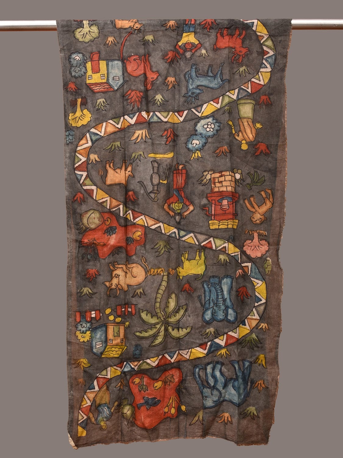 Grey Kalamkari Hand Painted Sico Stole with Village and Animals Theme Design - Global Threads - Distacart
