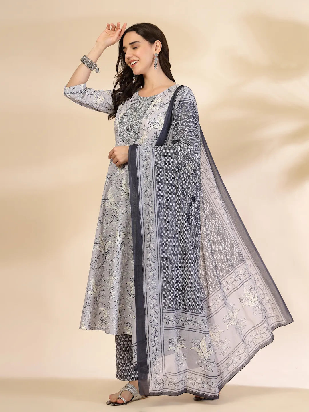 Yufta Grey Pure Cotton Anarkali Dupatta Pant Set - Distacart