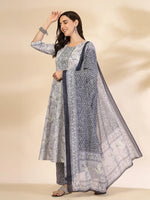 Thumbnail for Yufta Grey Pure Cotton Anarkali Dupatta Pant Set