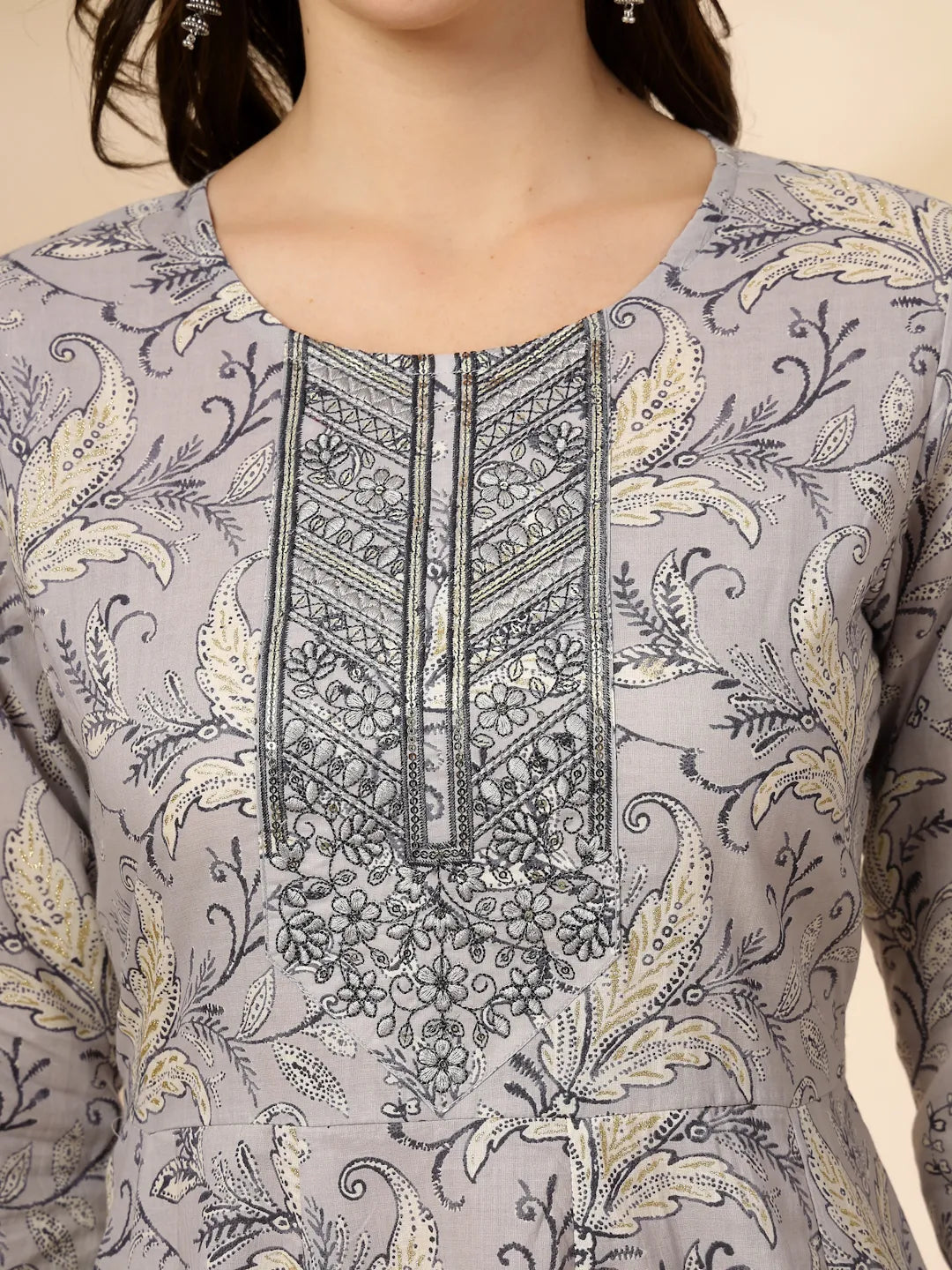 Yufta Grey Pure Cotton Anarkali Dupatta Pant Set