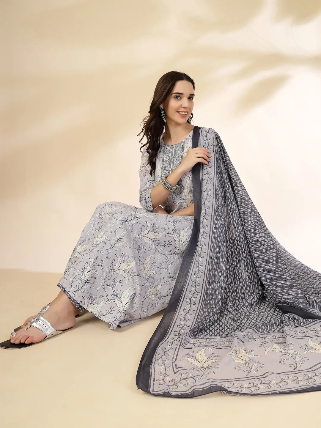 Yufta Grey Pure Cotton Anarkali Dupatta Pant Set