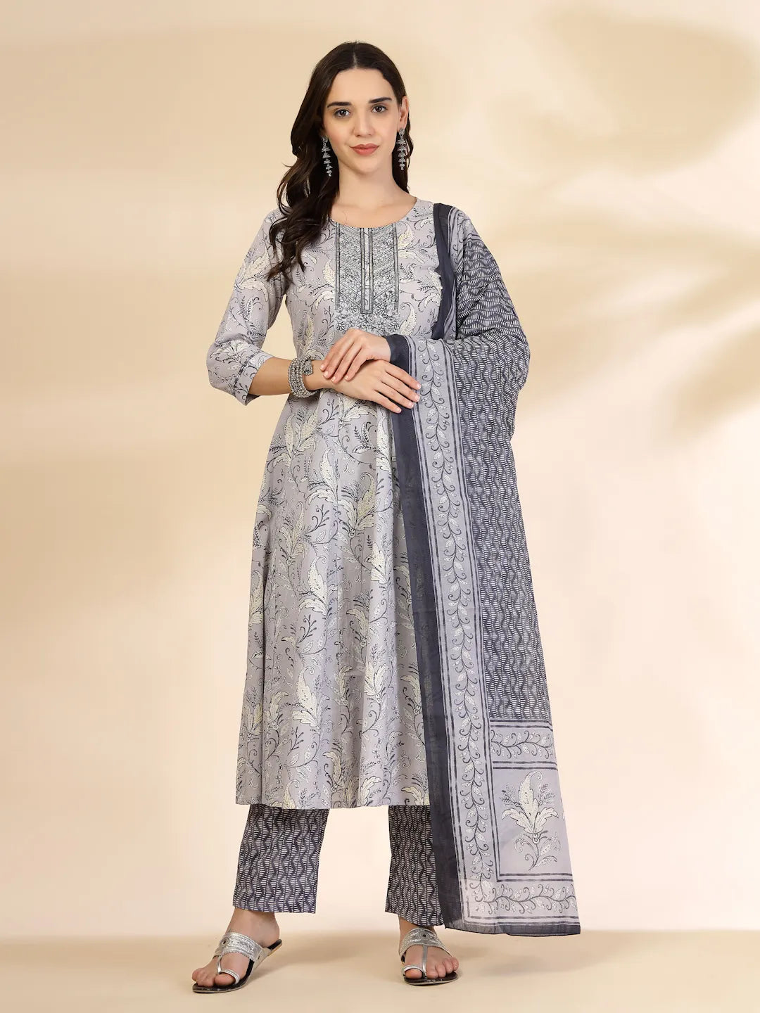 Yufta Grey Pure Cotton Anarkali Dupatta Pant Set