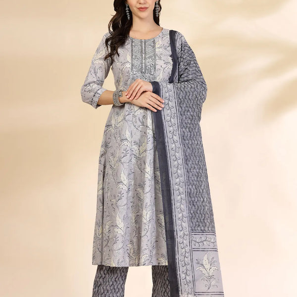 Yufta Grey Pure Cotton Anarkali Dupatta Pant Set - Distacart