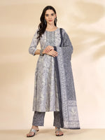 Thumbnail for Yufta Grey Pure Cotton Anarkali Dupatta Pant Set