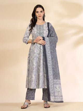 Yufta Grey Pure Cotton Anarkali Dupatta Pant Set - Distacart