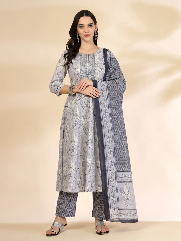Yufta Grey Pure Cotton Anarkali Dupatta Pant Set