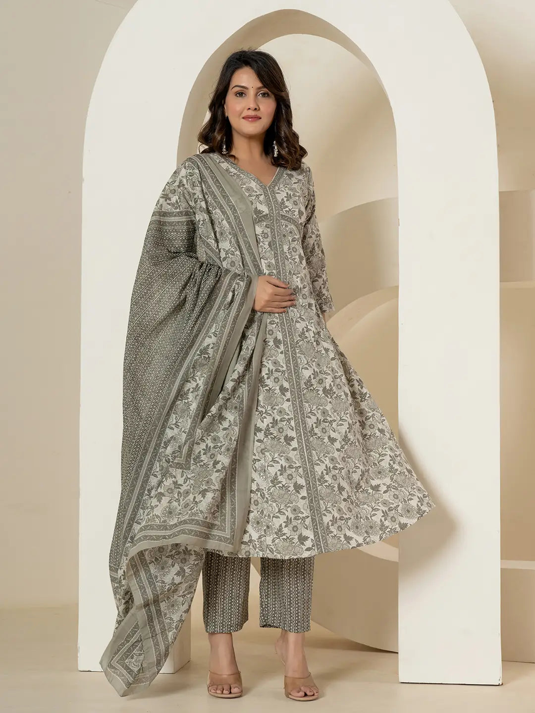 Yufta Grey Sequins_Work Pure Cotton Anarkali Kurta And Dupatta Set - Distacart