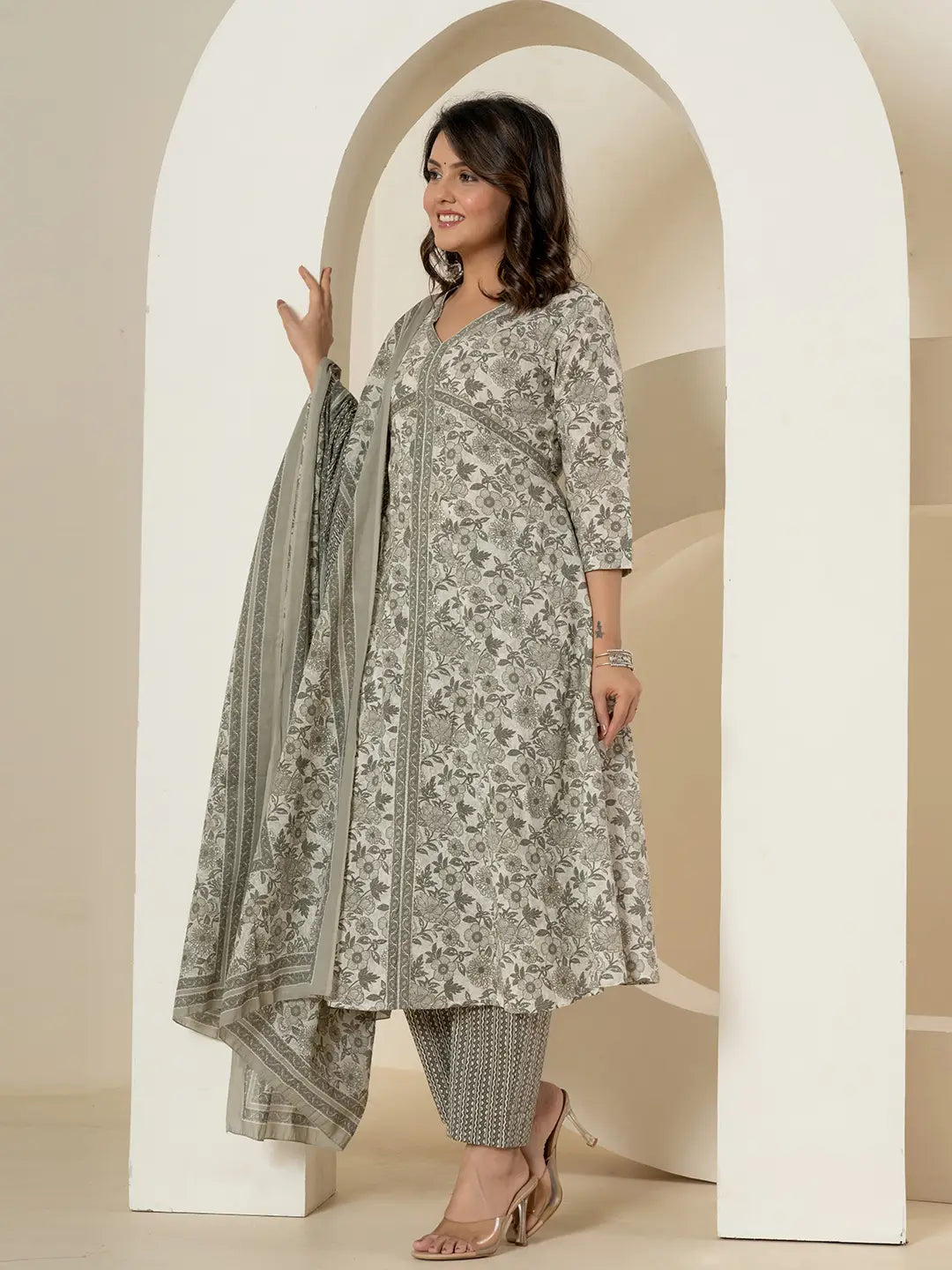 Yufta Grey Sequins_Work Pure Cotton Anarkali Kurta And Dupatta Set - Distacart