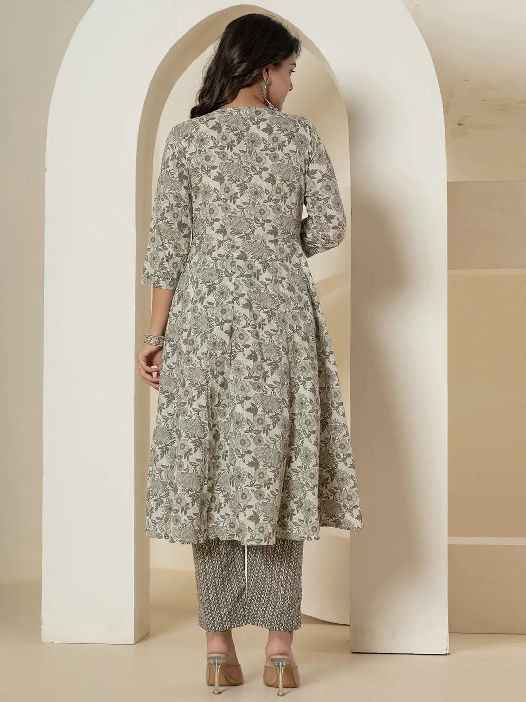 Yufta Grey Sequins_Work Pure Cotton Anarkali Kurta And Dupatta Set - Distacart