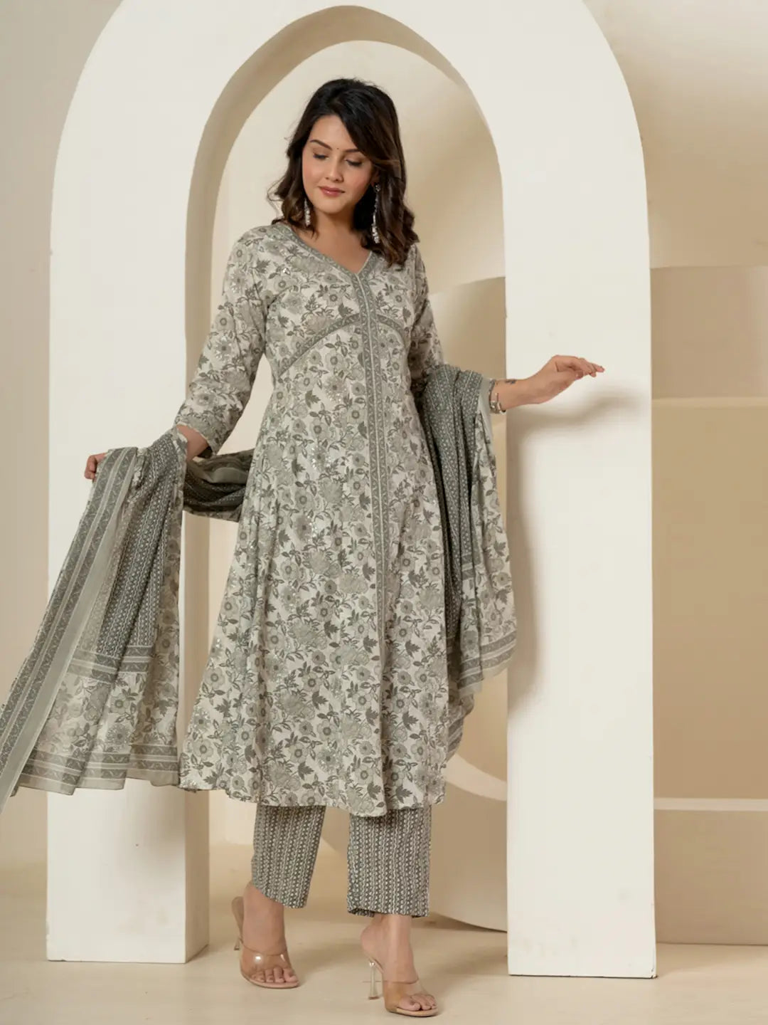 Yufta Grey Sequins_Work Pure Cotton Anarkali Kurta And Dupatta Set - Distacart