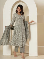Thumbnail for Yufta Grey Sequins_Work Pure Cotton Anarkali Kurta And Dupatta Set - Distacart