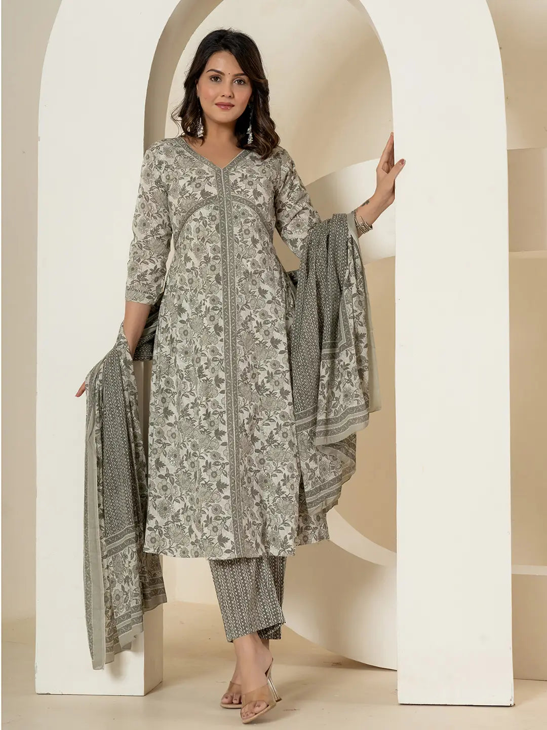 Yufta Grey Sequins_Work Pure Cotton Anarkali Kurta And Dupatta Set - Distacart