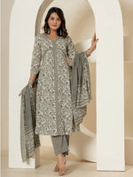 Thumbnail for Yufta Grey Sequins_Work Pure Cotton Anarkali Kurta And Dupatta Set - Distacart