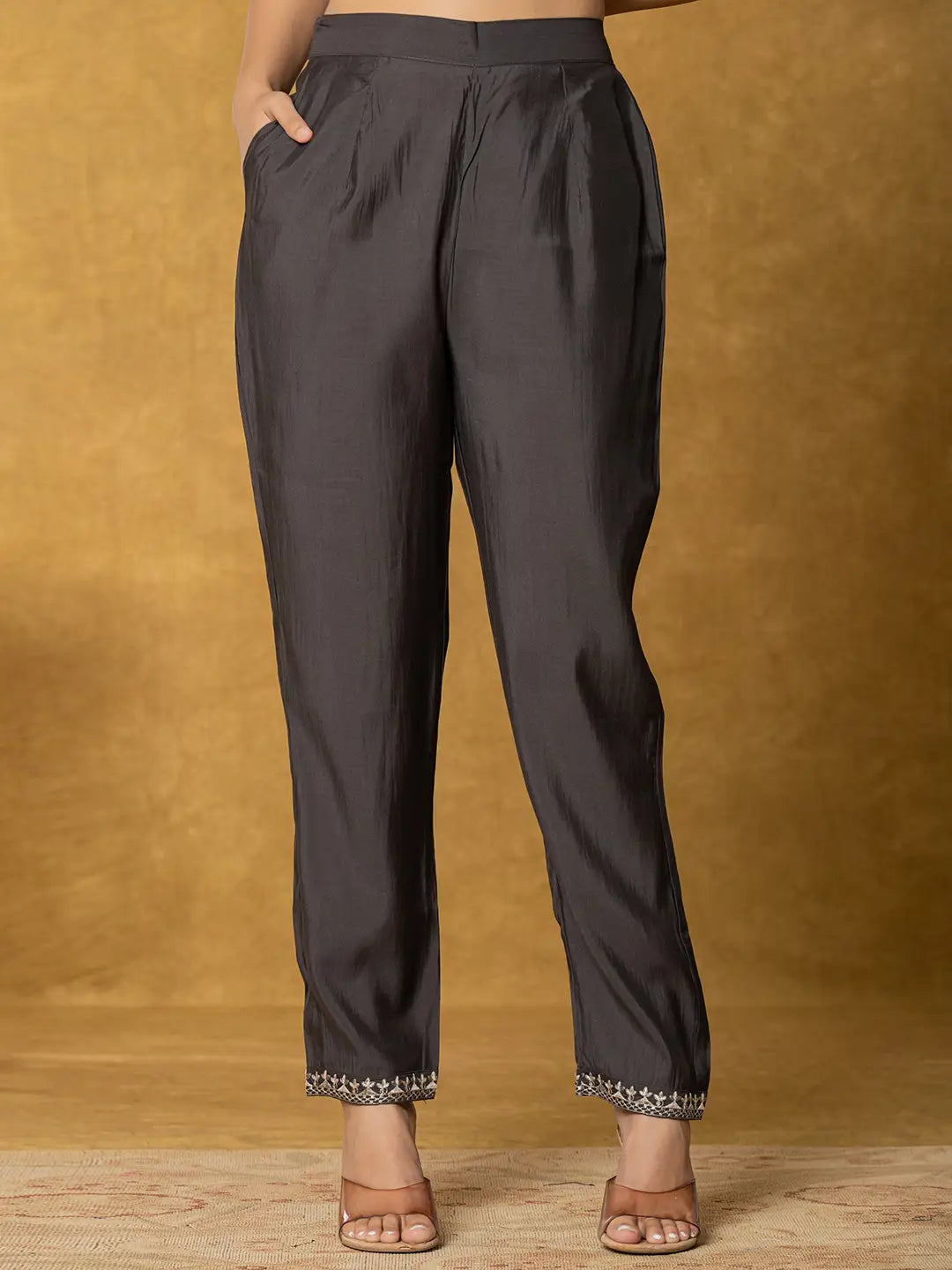 Yufta Grey Silk Kurta Dupatta Pant Set