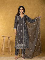 Thumbnail for Yufta Grey Silk Kurta Dupatta Pant Set
