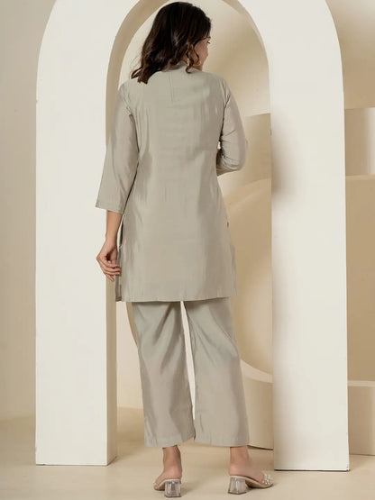 Yufta Grey Thread_Work Shirt And Trouser Silk Blend Co-Ord Set - Distacart