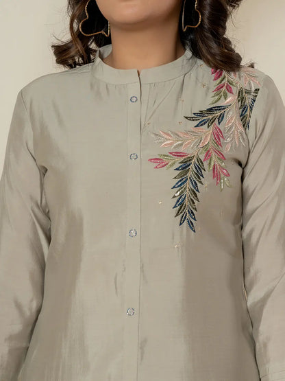 Yufta Grey Thread_Work Shirt And Trouser Silk Blend Co-Ord Set - Distacart
