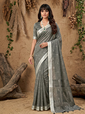 Anaita Grey Linen Cotton Zari Work Saree With Blouse - Dista