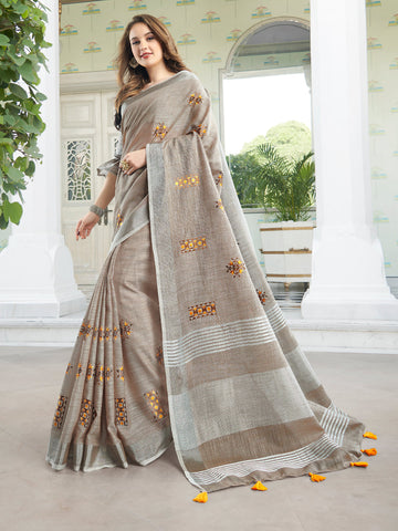 Anaita Grey Linen Embroidery Saree With Blouse - Dista