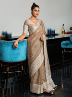 Thumbnail for Anaita Grey Linen Zari Work Saree With Blouse - Dista