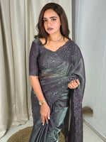 Thumbnail for Evanik Grey Glass Satin Jecquard Weaving With Thread Sequence Work Saree With Blouse - Distacart
