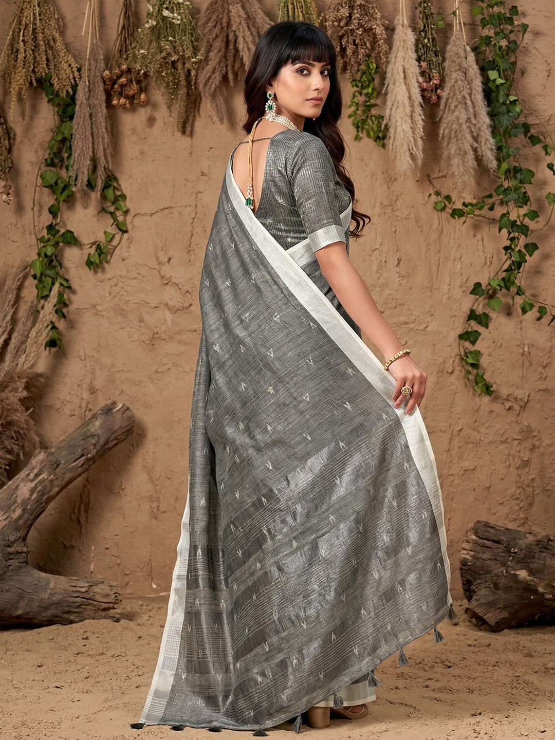 Anaita Grey Linen Cotton Zari Work Saree With Blouse - Dista