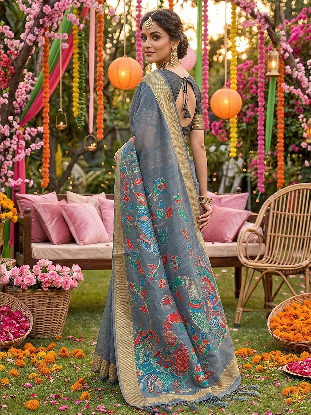 Anaita Grey Linen Cotton Woven Saree With Blouse - Dista