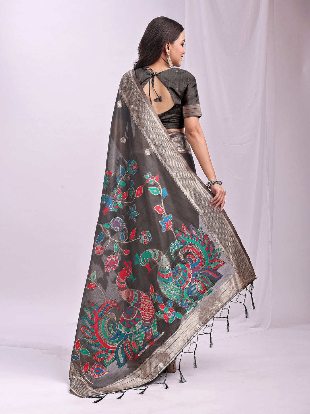 Anaita Grey Linen Cotton Woven Saree With Blouse - Dista