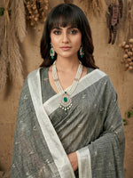 Thumbnail for Anaita Grey Linen Cotton Zari Work Saree With Blouse - Dista