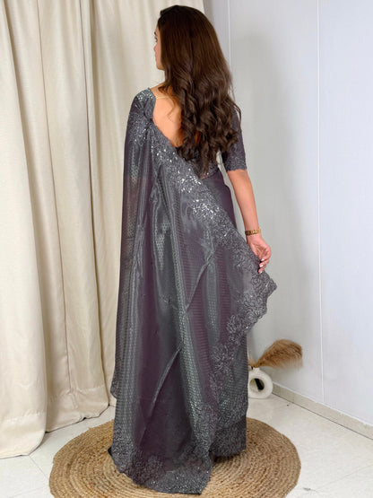 Evanik Grey Glass Satin Jecquard Weaving With Thread Sequence Work Saree With Blouse - Distacart