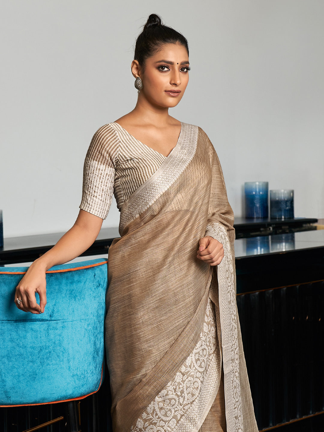 Anaita Grey Linen Zari Work Saree With Blouse - Dista