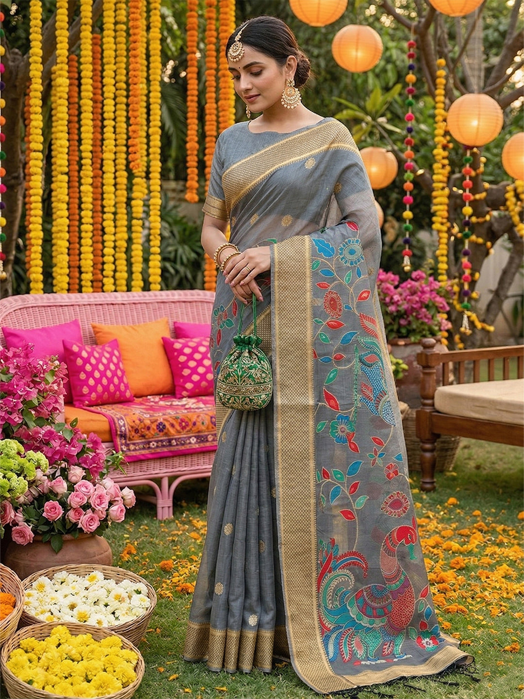 Anaita Grey Linen Cotton Woven Saree With Blouse - Dista