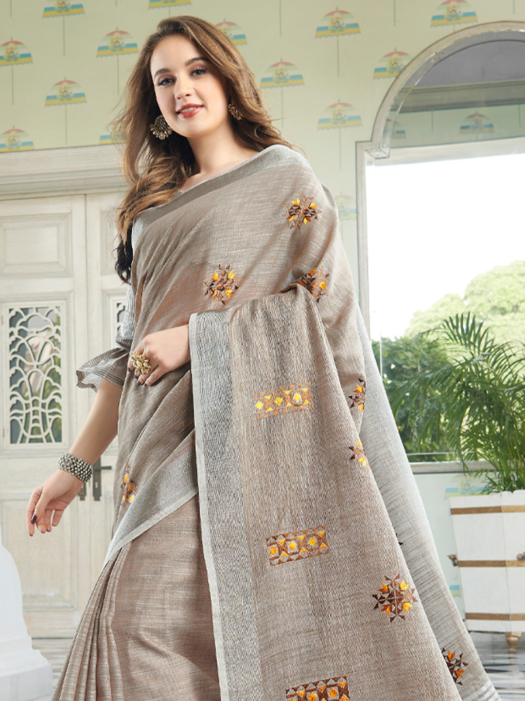 Anaita Grey Linen Embroidery Saree With Blouse - Dista