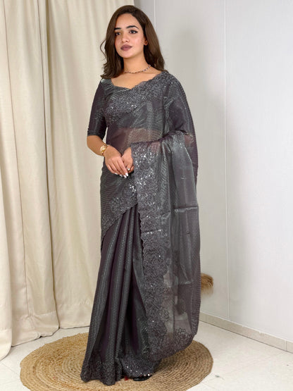 Evanik Grey Glass Satin Jecquard Weaving With Thread Sequence Work Saree With Blouse - Distacart